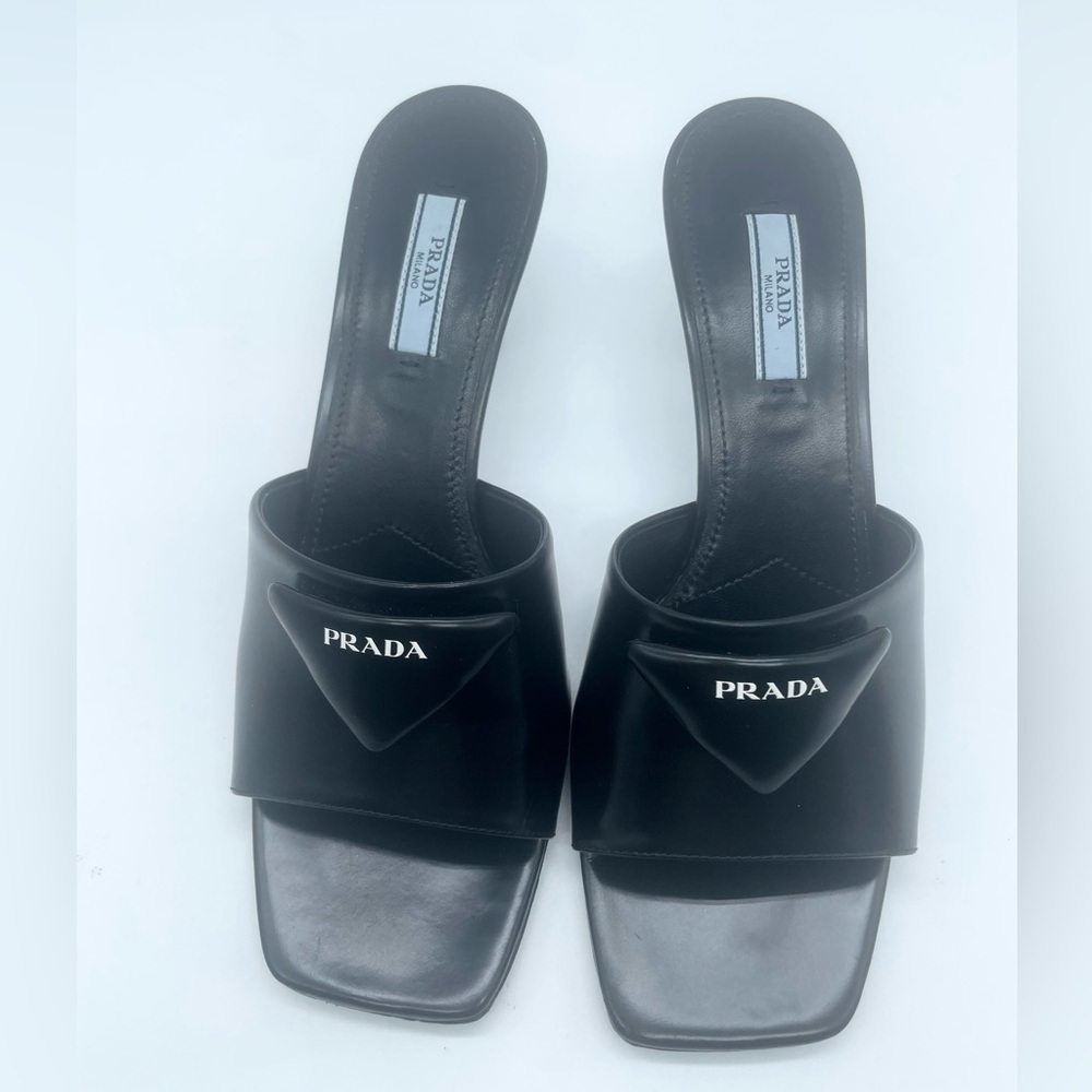 Prada Black leather logo plaque mid-heel mules EU 38 - Picture 2 of 11